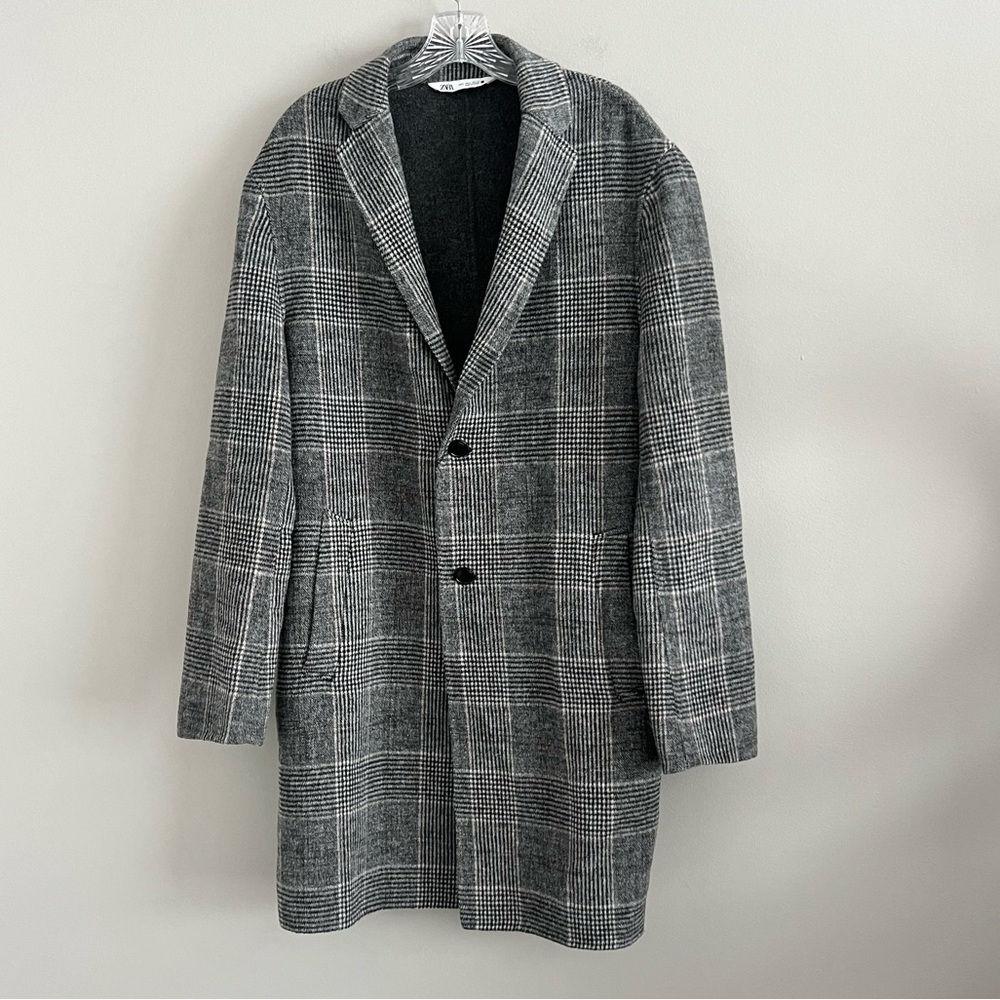 Zara Plaid Long Sleeve Wool Blend 2 Button Front Longline Coat Women's Large